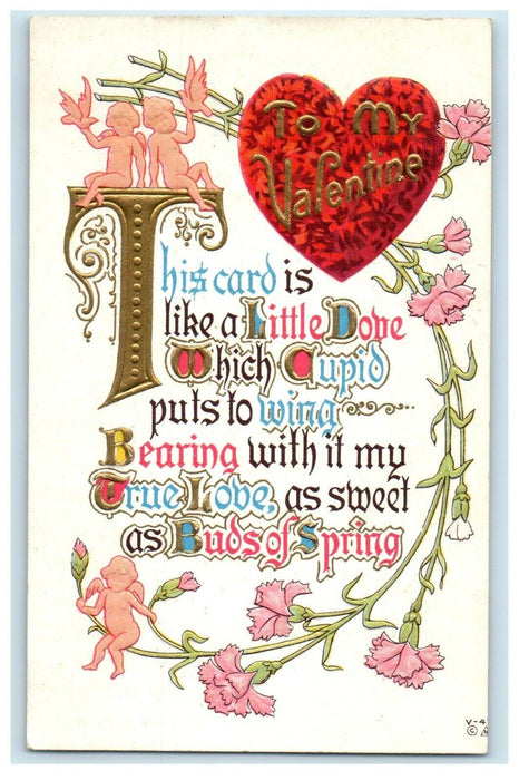 Valentine Cherubs Angels Dove Birds Flowers With Big Heart Embossed Postcard