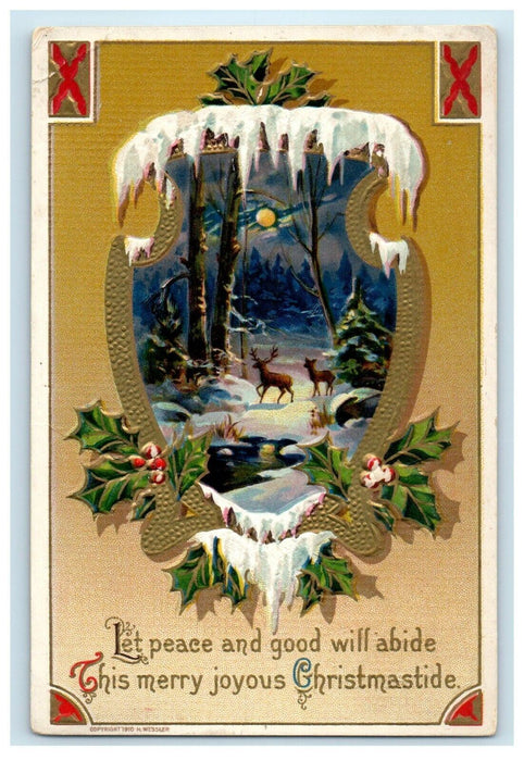 Christmas H. Wessler Holly Snow Gold Reindeer Moon Scene Embossed Postcard