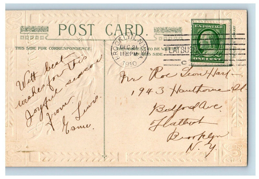 1910 Christmas John Winsch Poinsettia Purple Flowers Farm Tree Embossed Postcard