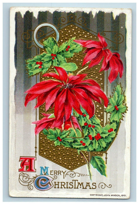 1911 Christmas John Winsch Holly Gold Poinsettia Flowers Embossed Postcard