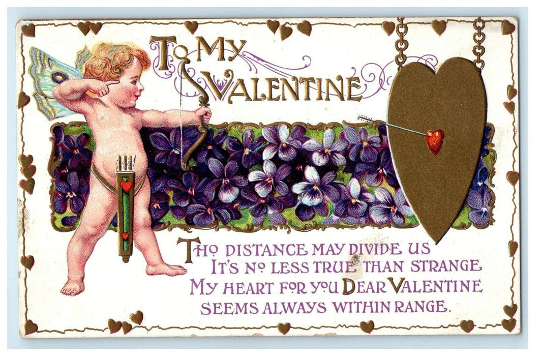 1910 Valentine Cupid Cherub Pansy Flowers Gold Heart Butterfly Germany Postcard