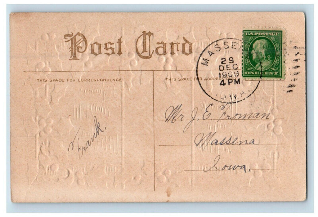 1909 Christmas Snow Barn Holly Peace On Earth Good Will To Men Embossed Postcard