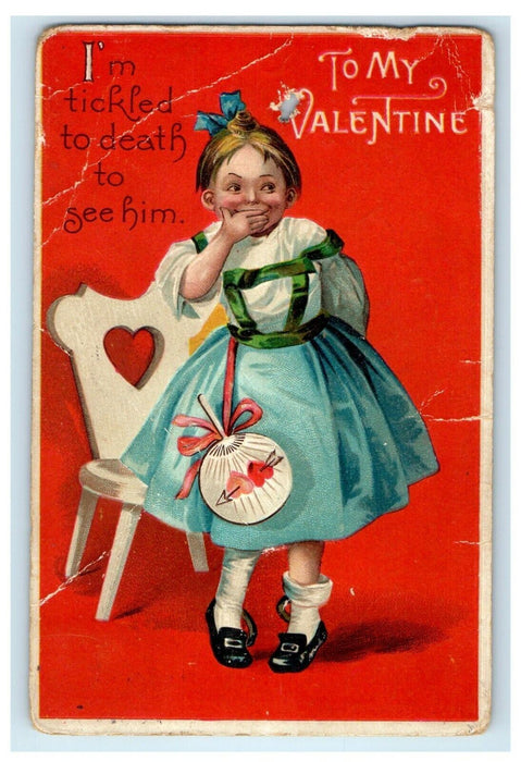 1910 Valentine Girl In Dress Fan Covering Mouth Clapsaddle (?) Embossed Postcard