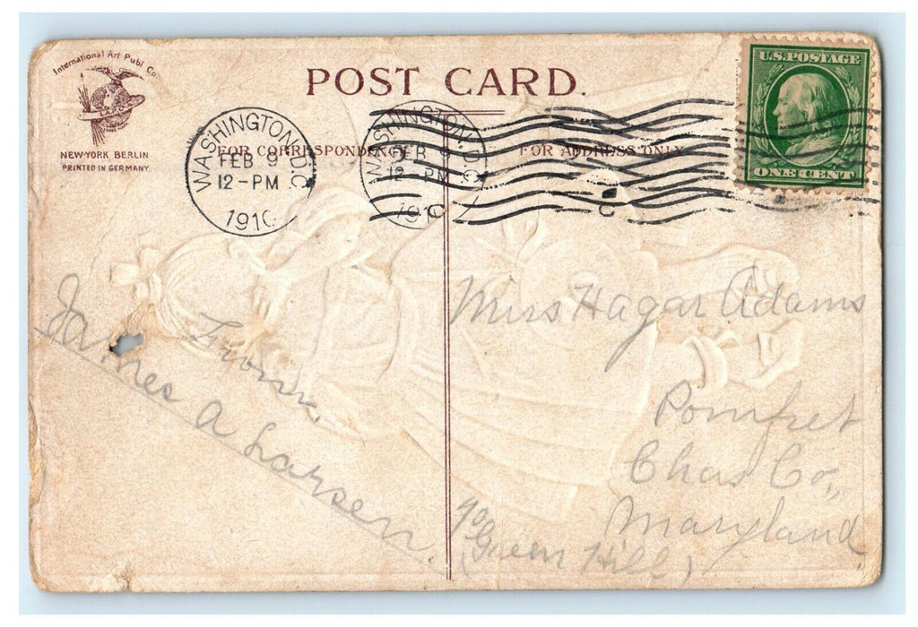 1910 Valentine Girl In Dress Fan Covering Mouth Clapsaddle (?) Embossed Postcard