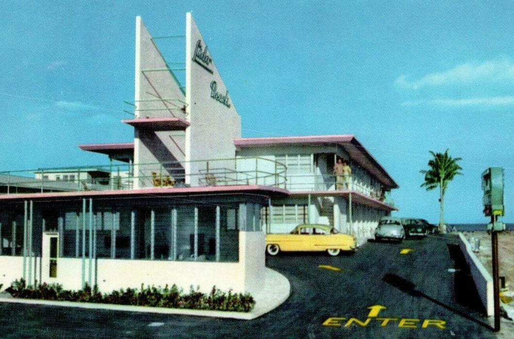 c1950's Entrance To Lido Beach Motel Cars Miami Beach Florida FL Postcard