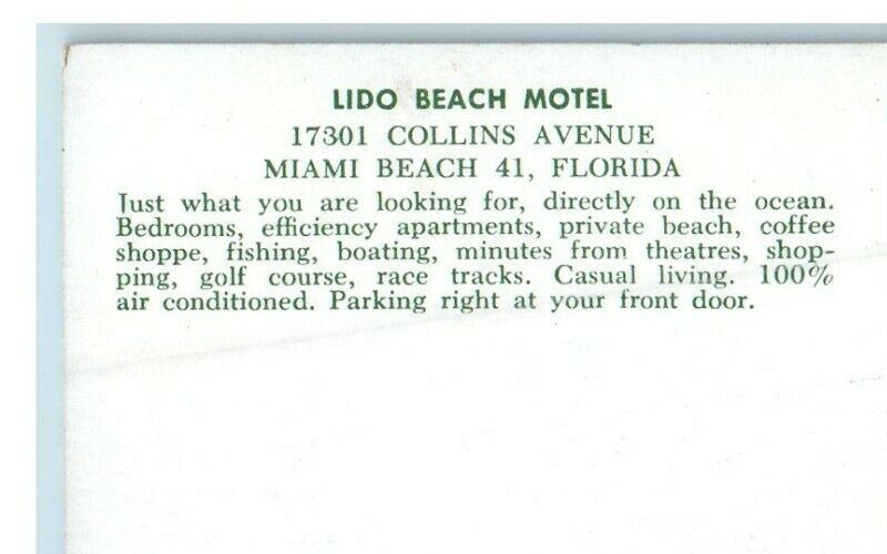 c1950's Entrance To Lido Beach Motel Cars Miami Beach Florida FL Postcard