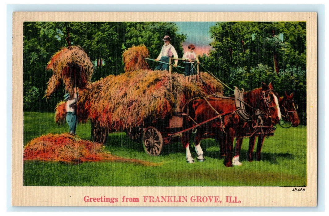 Greetings From Franklin Grove Illinois Hay Wagon c1940 Vintage Antique Postcard