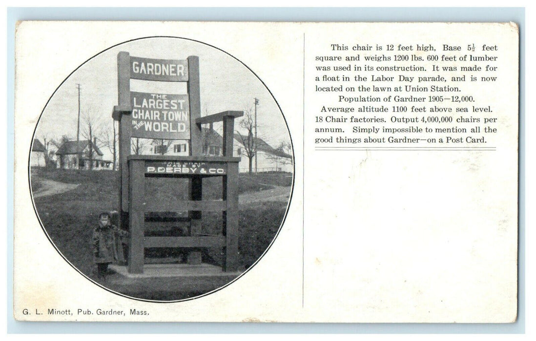 1905 12 feet high Chair GL Minott, Pub Gardner Massachusetts MA Postcard