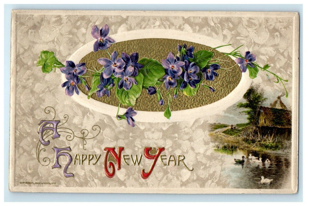 1910 New Year John Winsch Purple Flowers Gold Pond Cottage Embossed Postcard