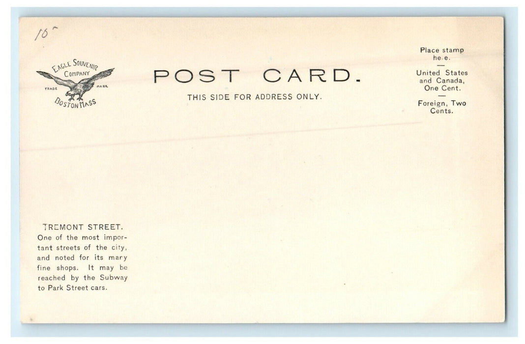 c1910 View Of Tremont Street Boston Massachusetts MA Antique Unposted Postcard