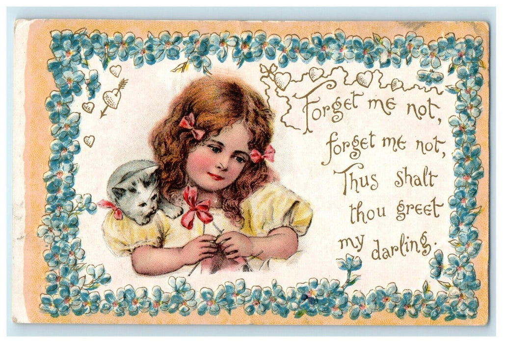 1911 Valentine Pretty Girl Red Ribbon Cat Pansy Flowers Embossed Postcard