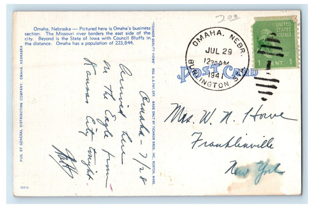 1941 Skyline View Omaha's Business District Omaha Nebraska NE Postcard