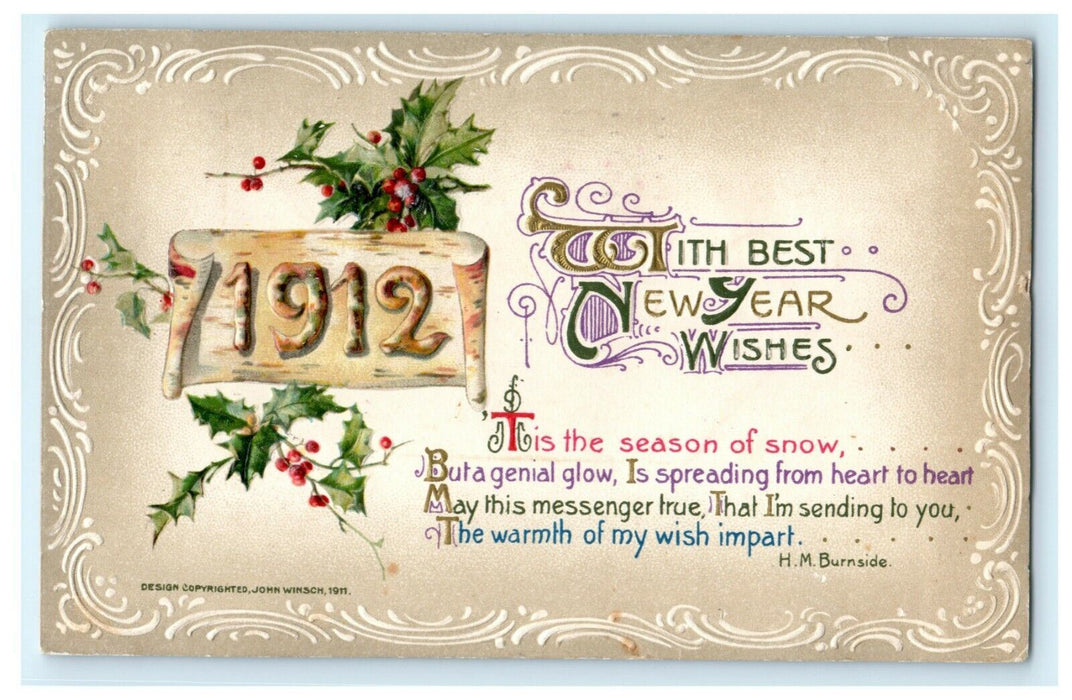 John Winsch Big Number New Year's 1912 Embossed Vintage Antique Postcard