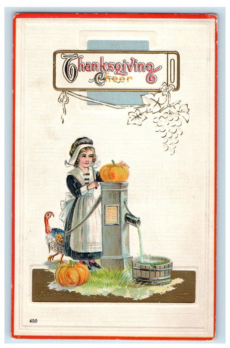 c1910's Thanksgiving Girl Squeeze Water Spicket Pumpkins  Embossed Postcard