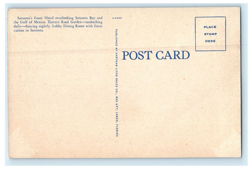 Hotel Sarasota Terrace Building Overlooking Sarasota Bay Florida FL Postcard