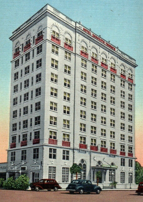 Hotel Sarasota Terrace Building Overlooking Sarasota Bay Florida FL Postcard