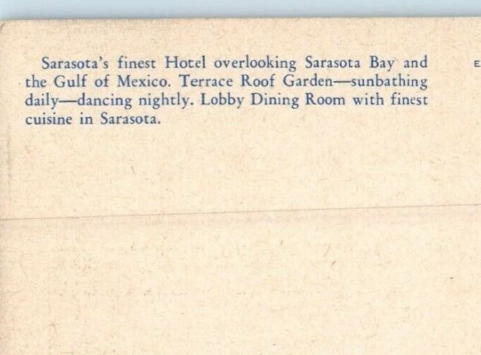 Hotel Sarasota Terrace Building Overlooking Sarasota Bay Florida FL Postcard