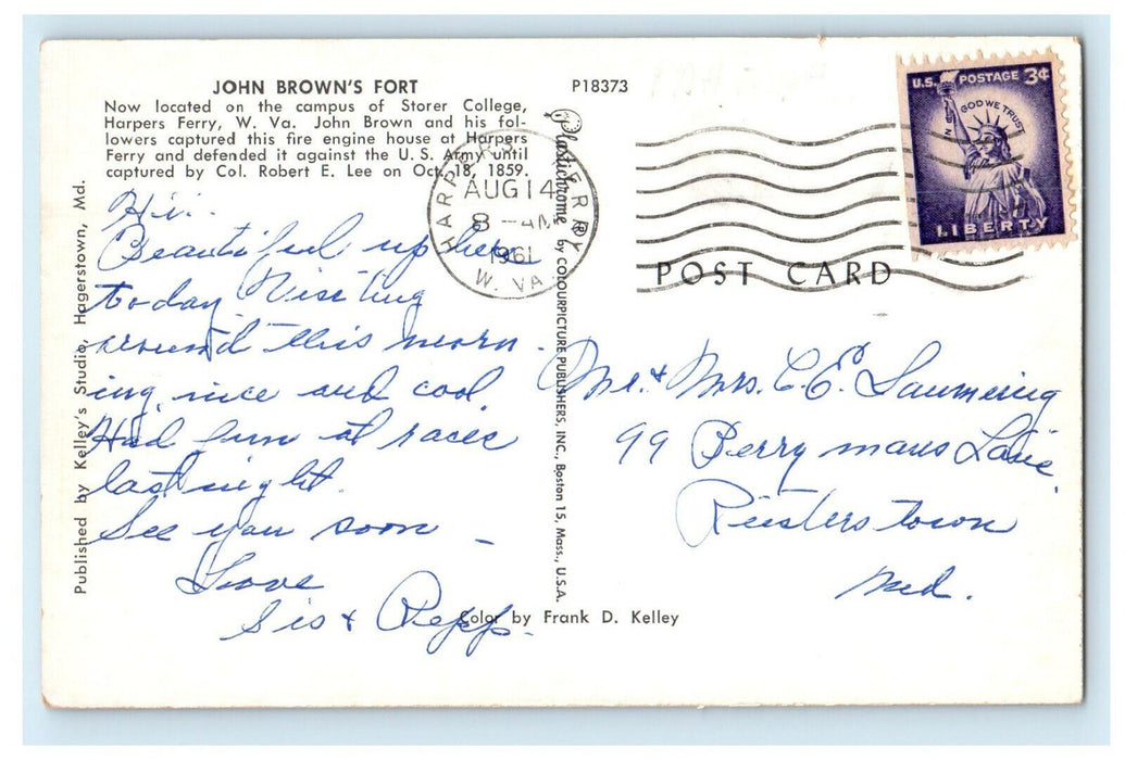 1961 John Brown's Fort Harper's Ferry, West Virginia WV Posted Postcard