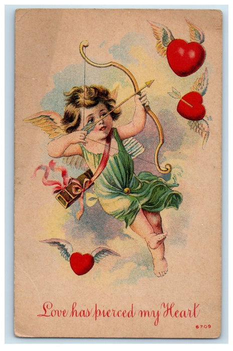 c1910's Valentine Floating Cupid Angel Bow And Arrow Hearts Antique Postcard