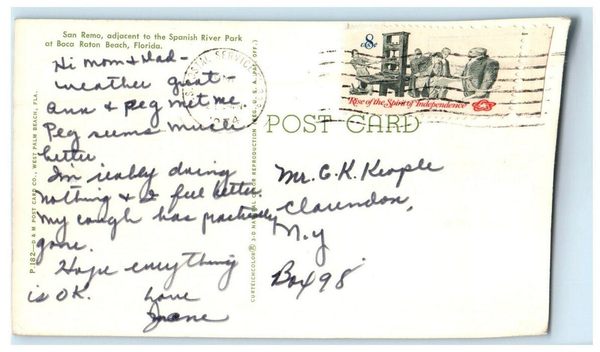 1974 View Of San Reno Statue Fountain At Boca Raton Beach Florida FL Postcard