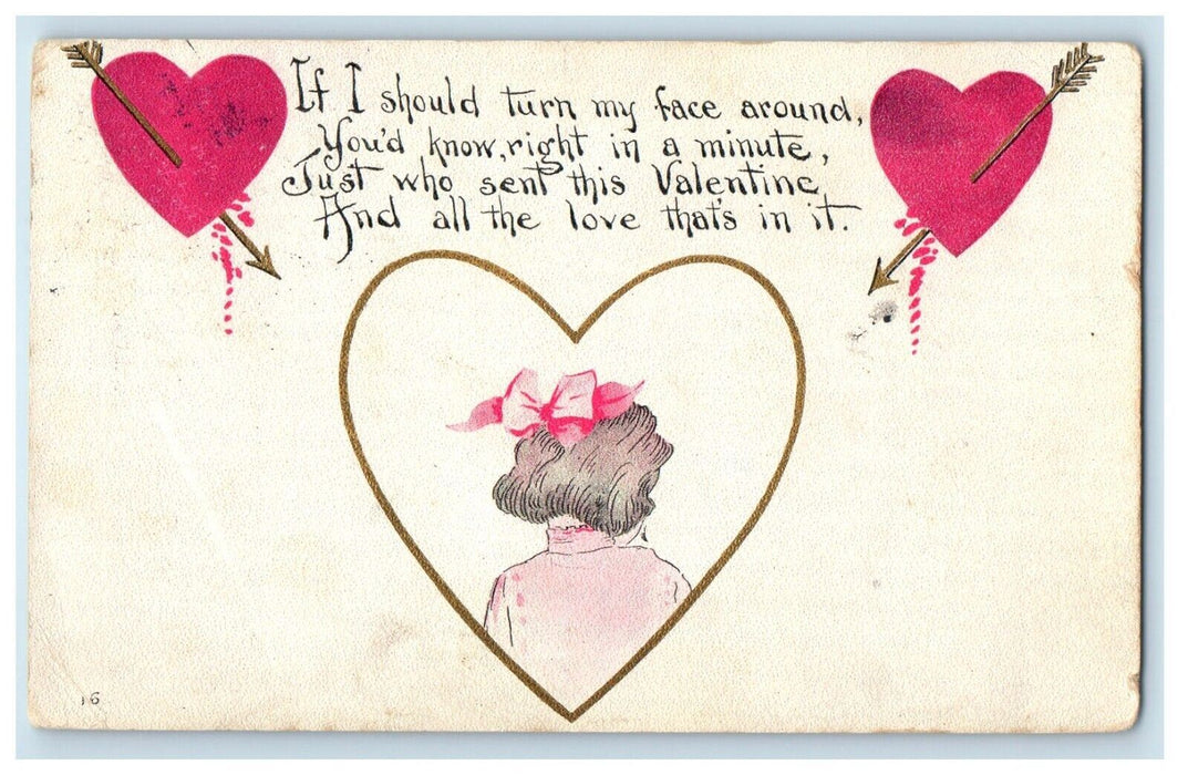 1912 Valentine Poem Arrow Hearts Girl Back Pink Ribbon Posted Antique Postcard
