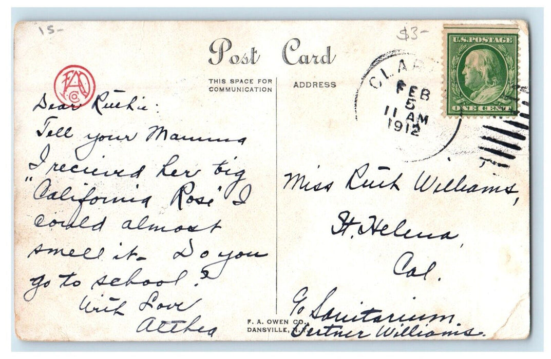 1912 Valentine Poem Arrow Hearts Girl Back Pink Ribbon Posted Antique Postcard