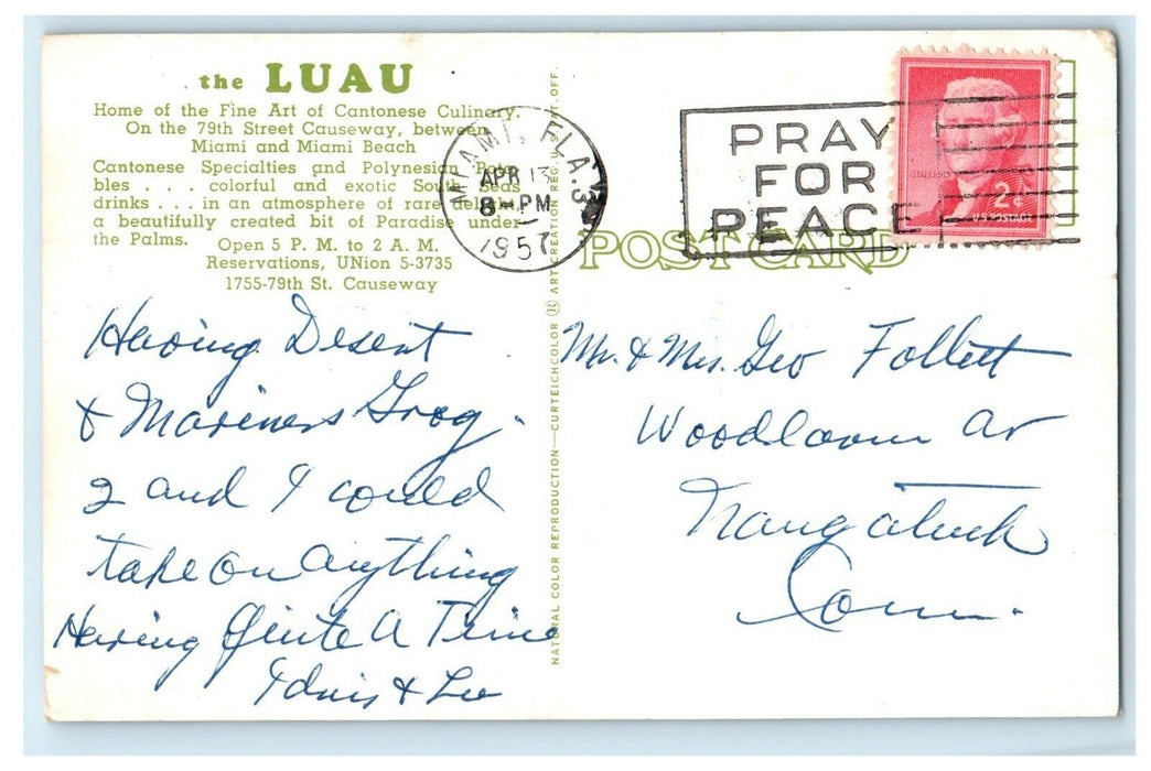 1957 The Luau Home Of Fine Art Cantonese Culinary Miami Beach Florida Postcard
