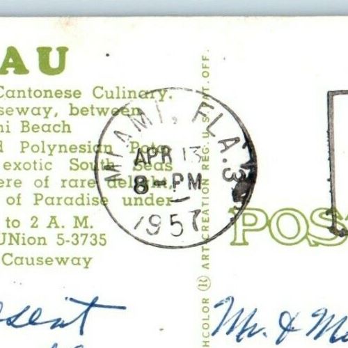 1957 The Luau Home Of Fine Art Cantonese Culinary Miami Beach Florida Postcard