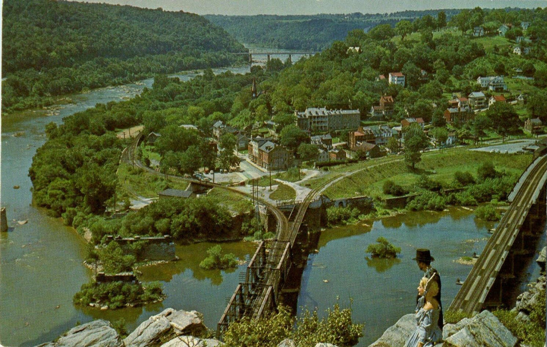 c1960 Aerial View of Bridge and River, Harper's Ferry, West Virginia WV Postcard