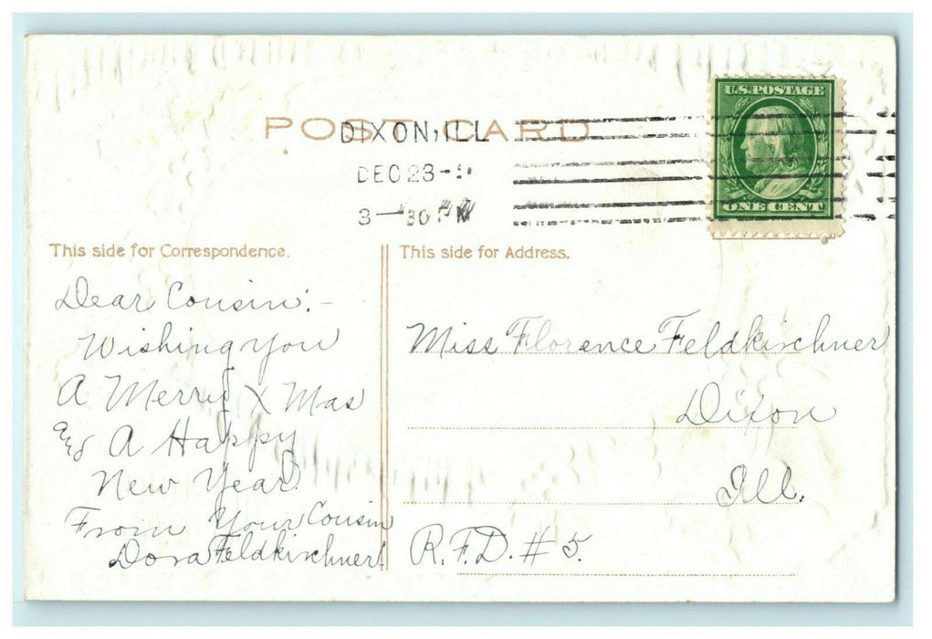 P Sander Christmas Dixon Illinois Gold Embossed 1910 Vintage Antique Postcard