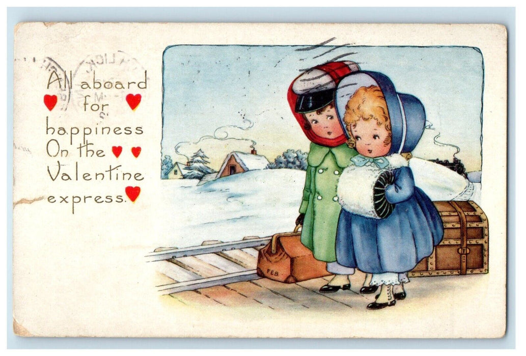 1922 Boy And Girl Bag Warmer Winter Snow Railroad Train Posted Antique Postcard