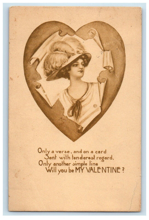 c1910's Valentine Beautiful Victorian Girl Hat Feather Big Heart Posted Postcard