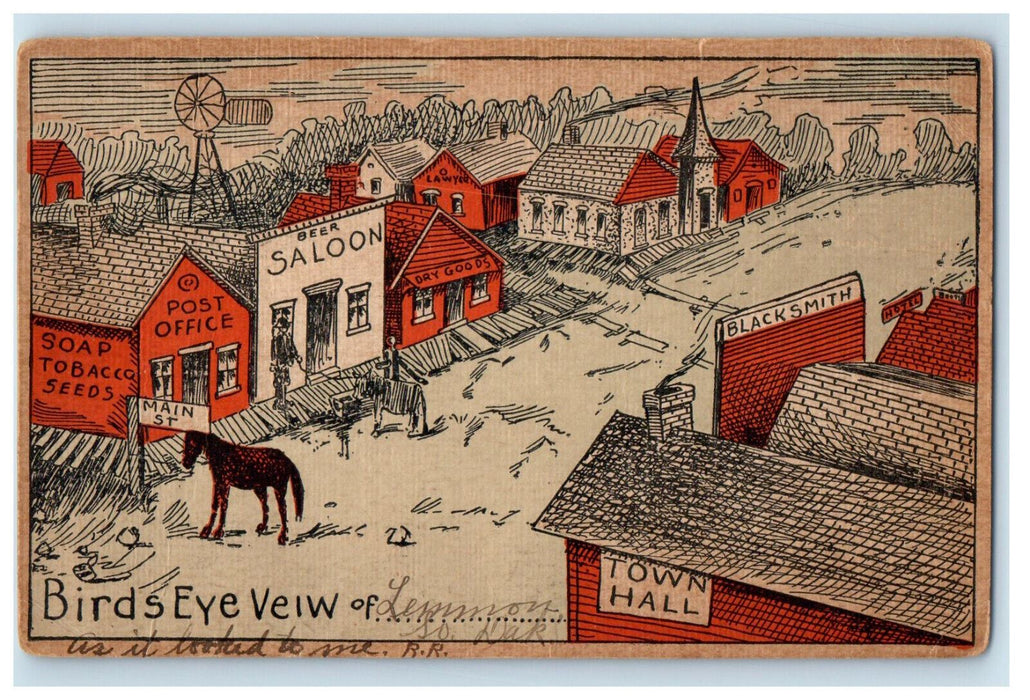 1908 Horse Scene, Bird's Eye View of Lemmon South Dakota SD Postcard