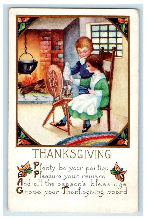 1923 Thanksgiving Spinning Wheel Fireplace Cooking Baltimore MD Vintage Postcard