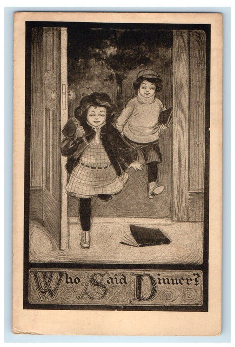 1909 Mother Chasing Daughter Books Who Said Dinner Posted Antique Postcard