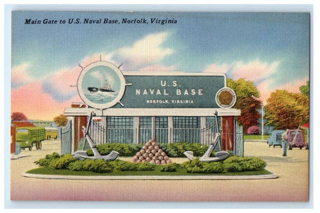 Norfolk Virginia VA, Main Gate To U.S Naval Base Front View Entrance Postcard