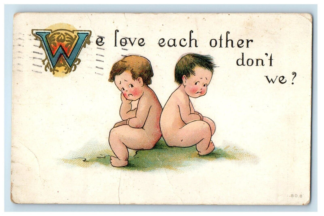 1913 Two Little Boy Bare Butt Sad Harrisonburg Virginia VA Antique Postcard