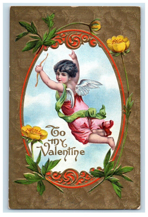 c1910's Valentine Floating Angel Cherub Arrow Flowers Embossed Antique Postcard