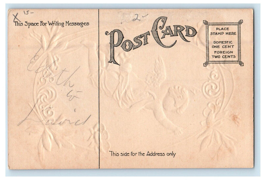 c1910's Valentine Floating Angel Cherub Arrow Flowers Embossed Antique Postcard