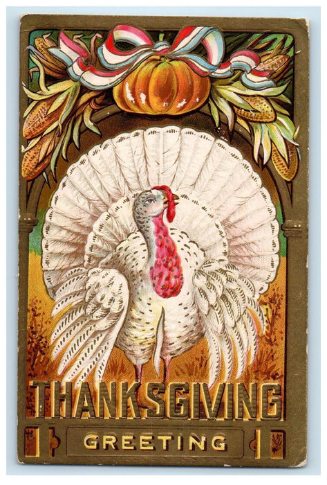 1908 Thanksgiving Greetings Turkey Pumpkin Embossed Posted Antique Postcard