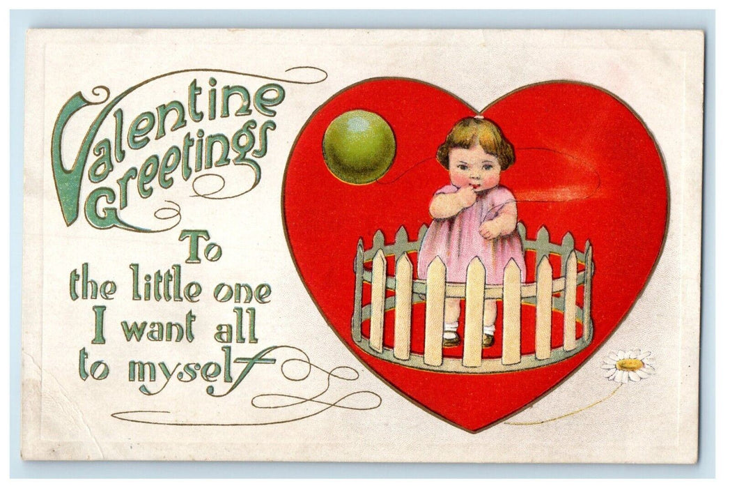 c1910's Valentine Greetings Little Girl On Crib Balloon Embossed Postcard
