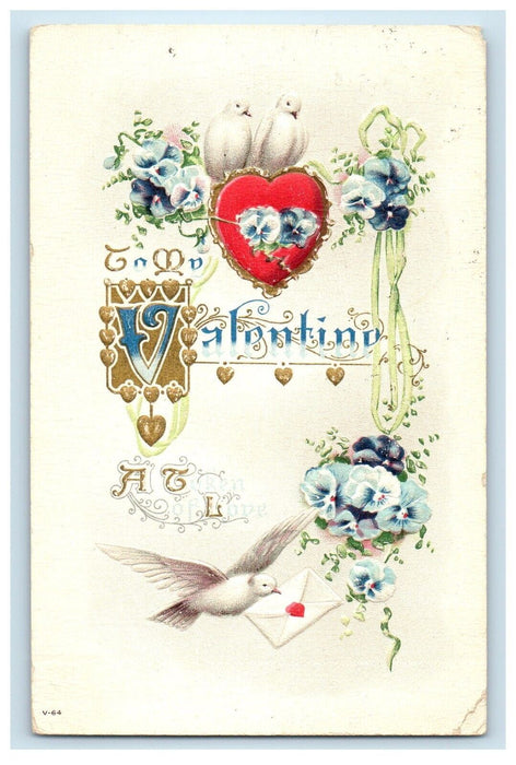 1920 Valentine Heart Dove Birds Pansies Flowers Embossed Posted Antique Postcard