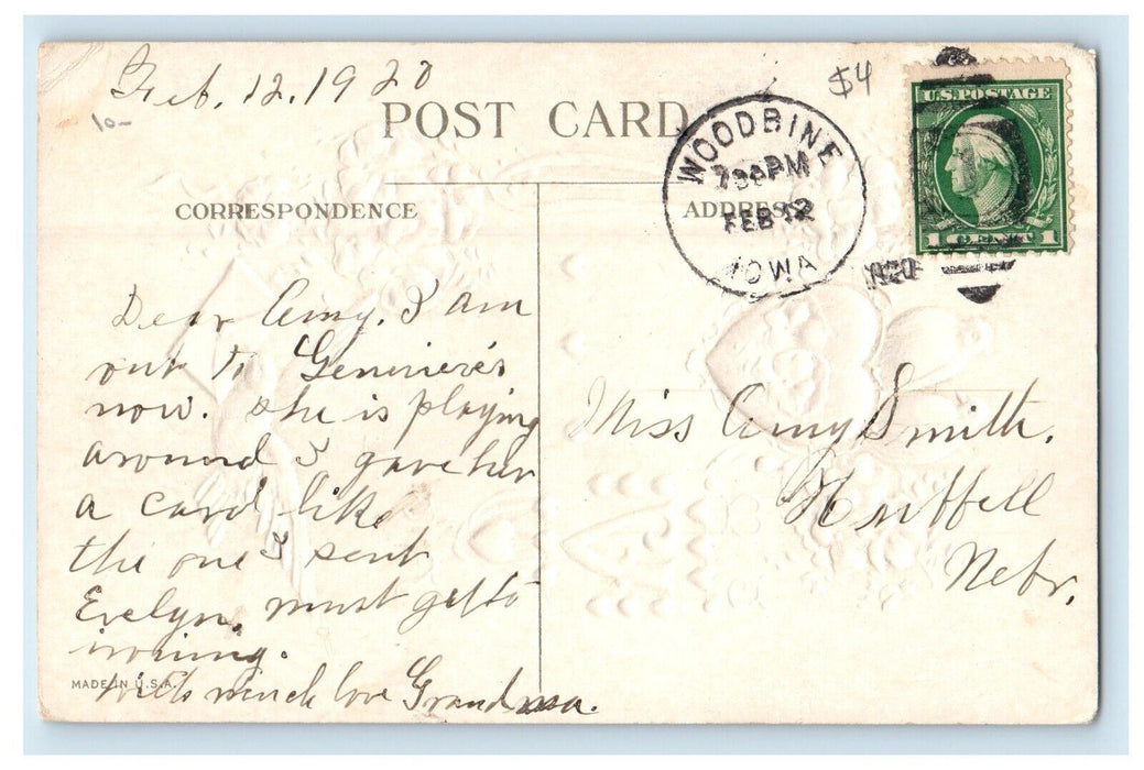 1920 Valentine Heart Dove Birds Pansies Flowers Embossed Posted Antique Postcard