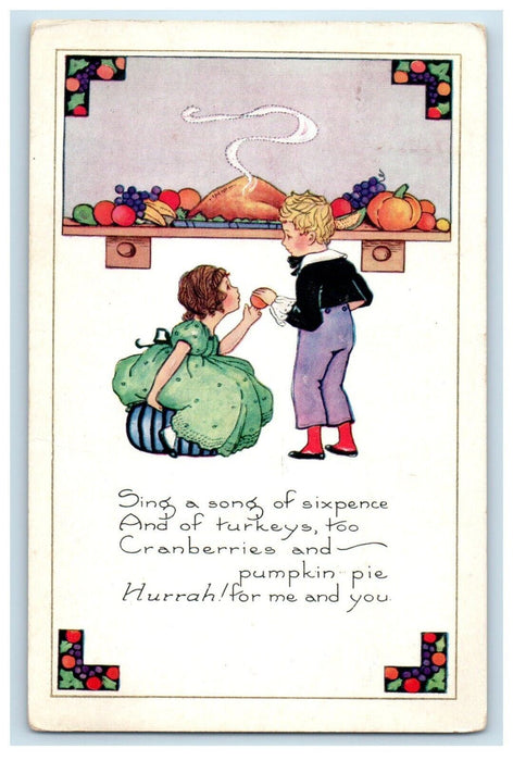 1923 Thanksgiving Girl And Boy Turkey Cranberries Albany New York NY Postcard