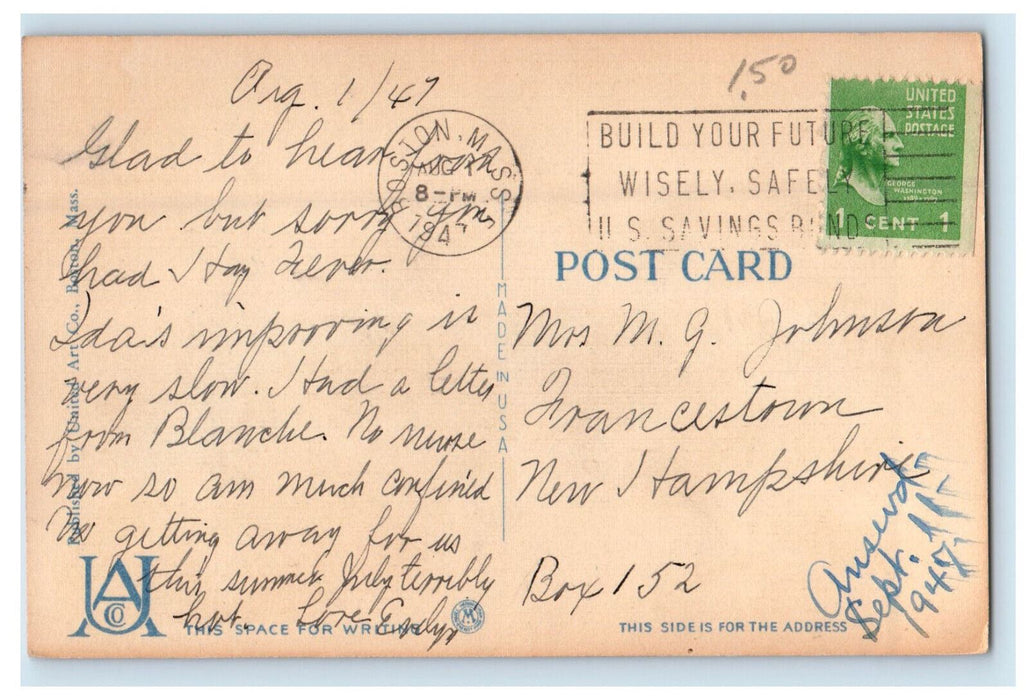 1947 City Point, South Boston Massachusetts MA Posted Vintage Cancel Postcard
