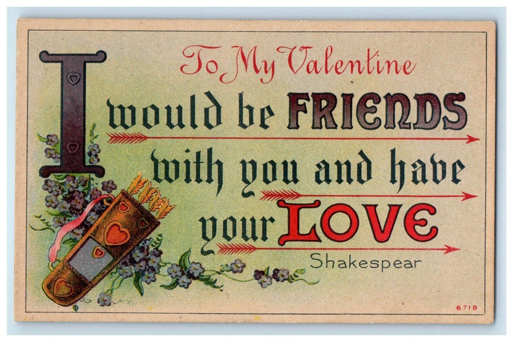 c1910's Valentine Poem Flowers Arrow Pansies Flowers Shakespear Antique Postcard