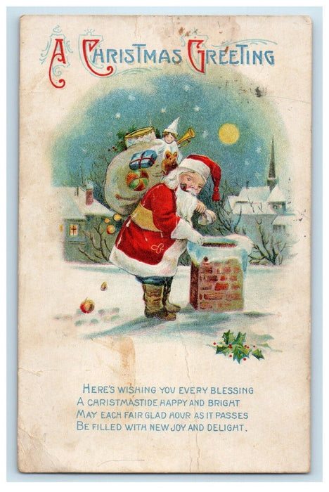 1916 Christmas Greetings Santa Claus Sock Of Toys Winter Embossed Postcard