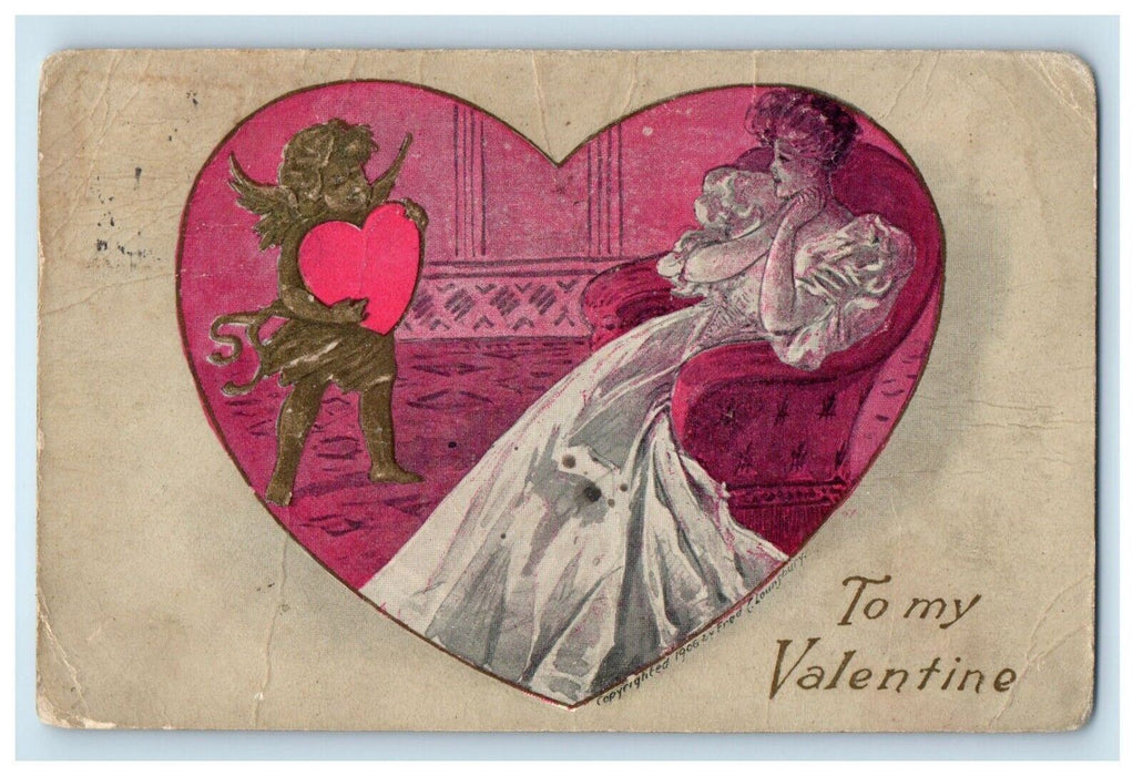 c1905 Valentine Girl On Couch Big Heart Angel Cherub Embossed Antique Postcard