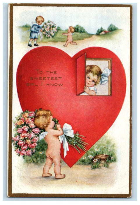 Valentine Giant Heart Girl On Window Cupid Angel Flowers Bouquet Postcard