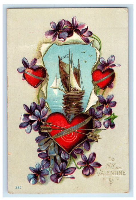 1915 Valentine Boat Hearts Flowers Embossed Strassburg Virginia VA Postcard